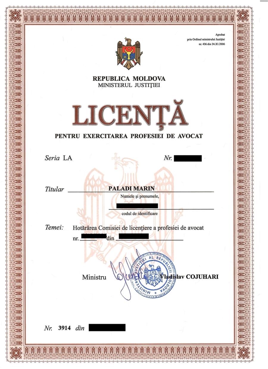 Licența pentru exercitarea profesiei de avocat, eliberată de Ministerul Justiției al Republicii Moldova